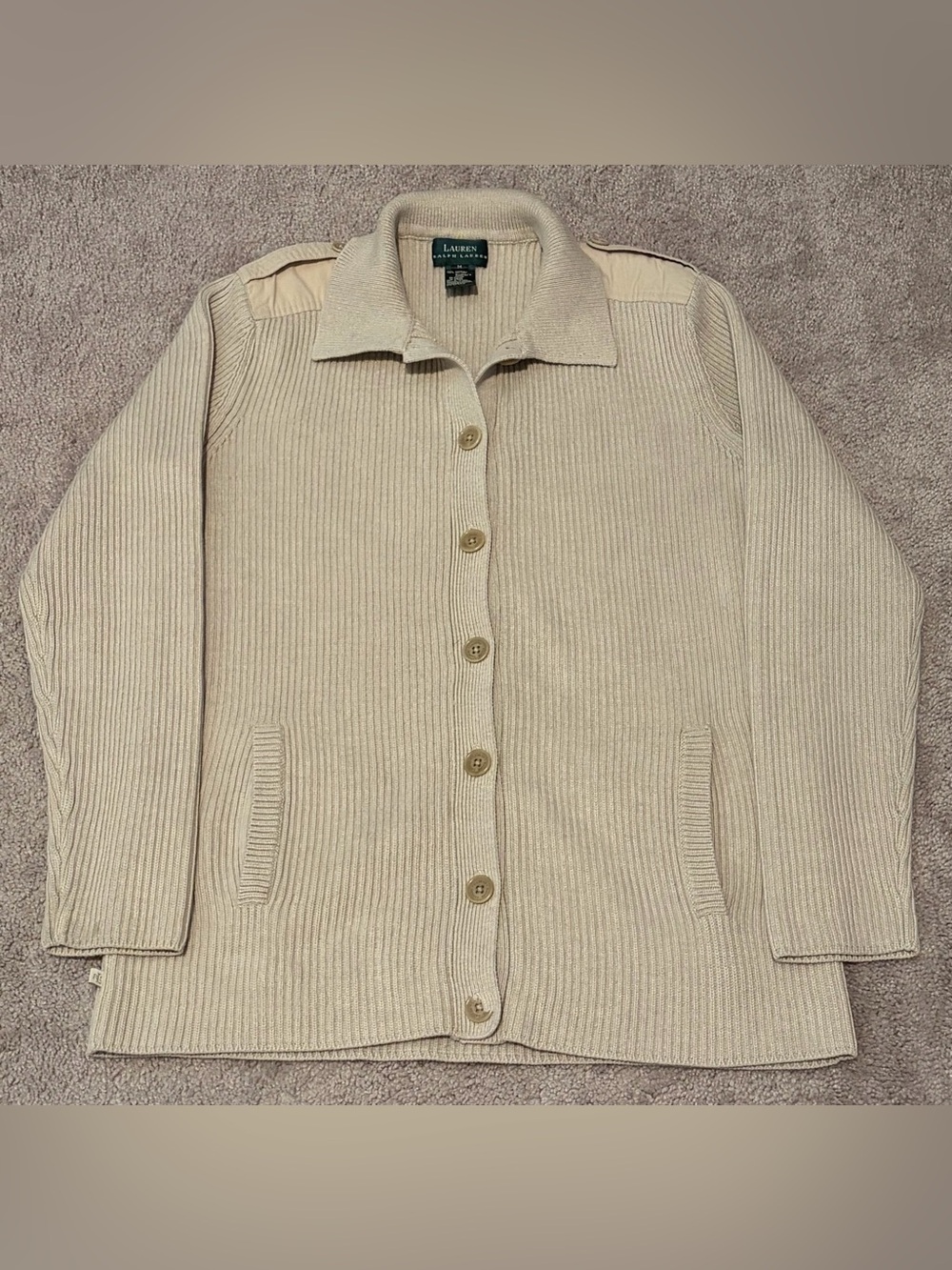 Lauren Ralph Lauren Women’s Beige Button Down Collared Cardigan Sweater Size M